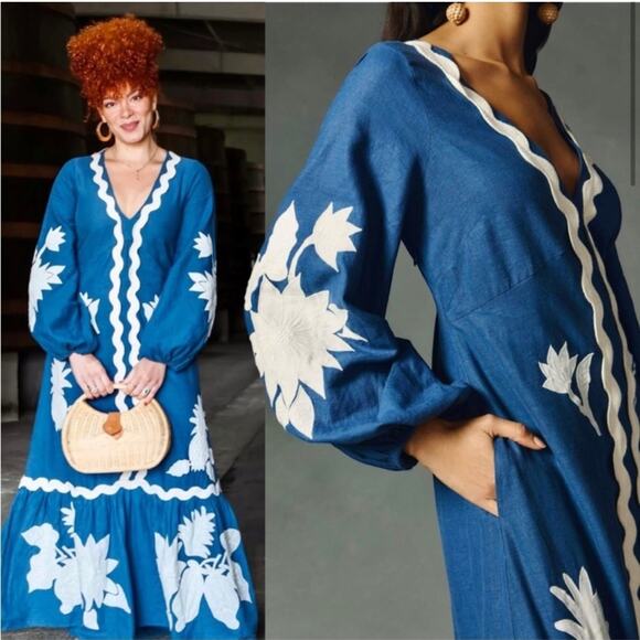 Farm Rio Embroidered Long Sleeve Linen Blue White Applique Maxi Dress - Picture 3 of 12